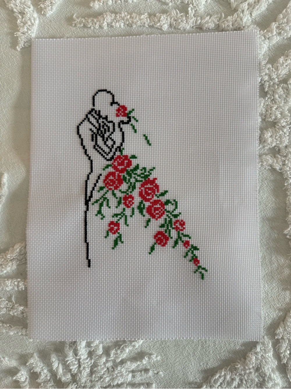 Hand-Embroidered Bride Silhouette with Red Rose Bouquet - Home Art